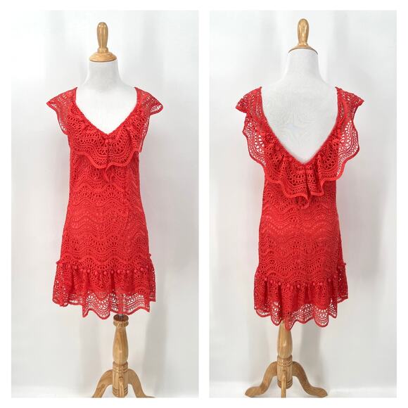 SAYLOR Crochet Lace Short Fern Dress Womens Medium Orange Sleeveless Ruffle Mini - Picture 4 of 16